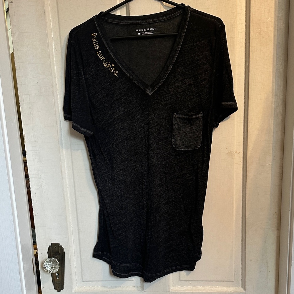 Peace and pearls Black burnout deep V-Neck Short Sleeve Tee urban street scene